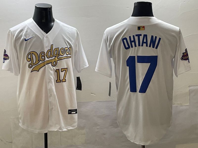 Men Los Angeles Dodgers 17 Ohtani White Champion gold character 2025 Nike MLB Jersey style 33115